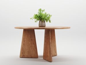 Round wooden table with a potted plant, showcasing minimalist style.